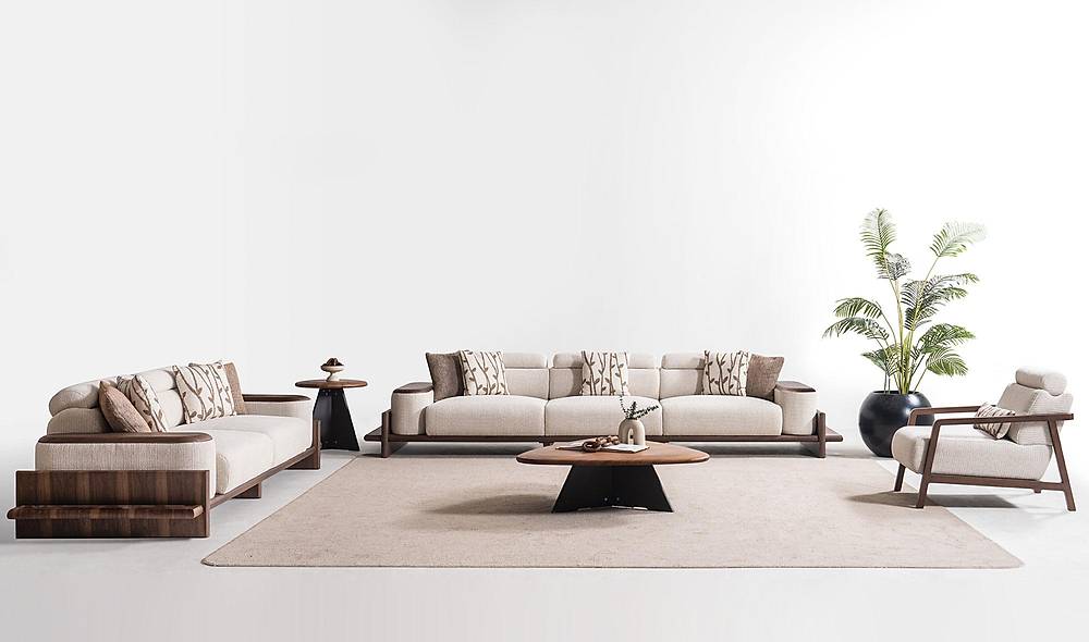 Alya Koltuk Takımı - Krem - Ahşap Kollu Koltuk Takımı