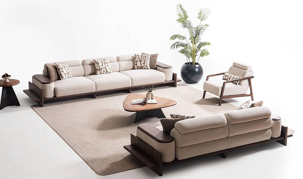 Alya Koltuk Takımı - Krem - Ahşap Kollu Koltuk Takımı