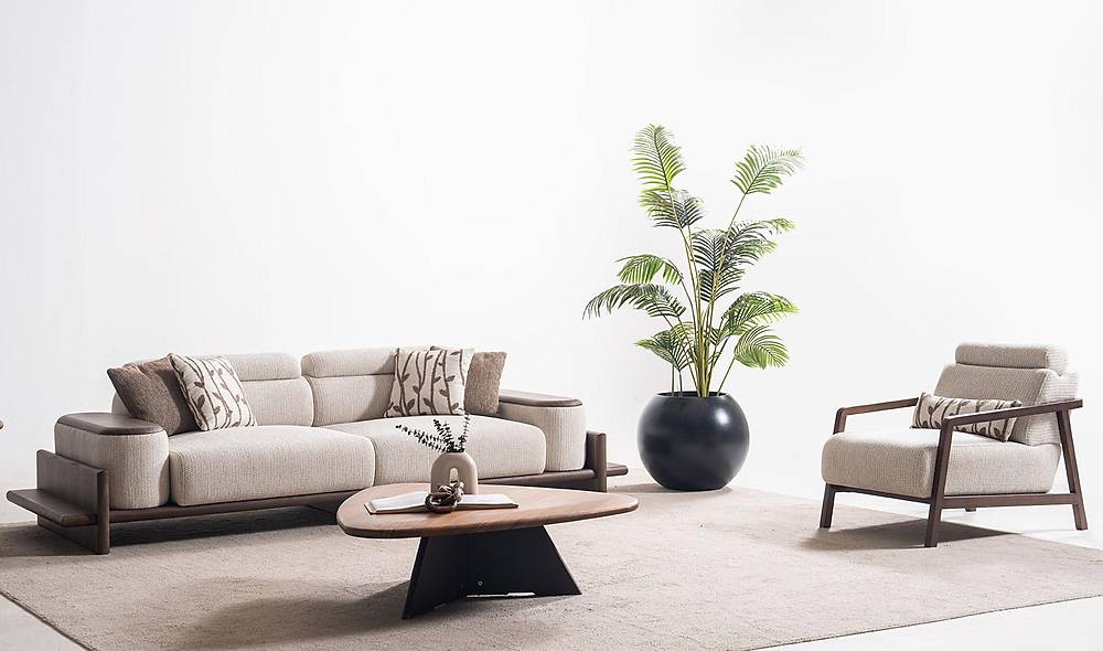 Alya Koltuk Takımı - Krem - Ahşap Kollu Koltuk Takımı