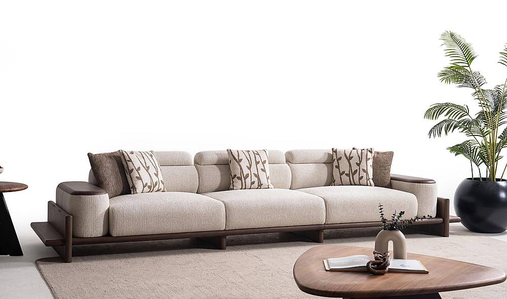 Alya Koltuk Takımı - Krem - Ahşap Kollu Koltuk Takımı