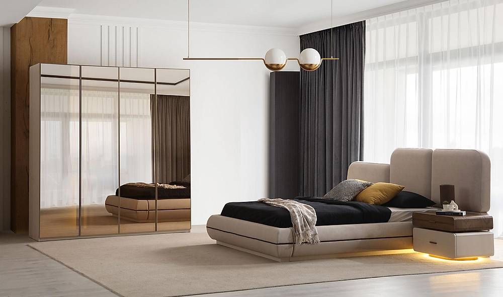 Fresco Bazalı Yatak Odası - Köşe Dolaplı Giyinme Odası