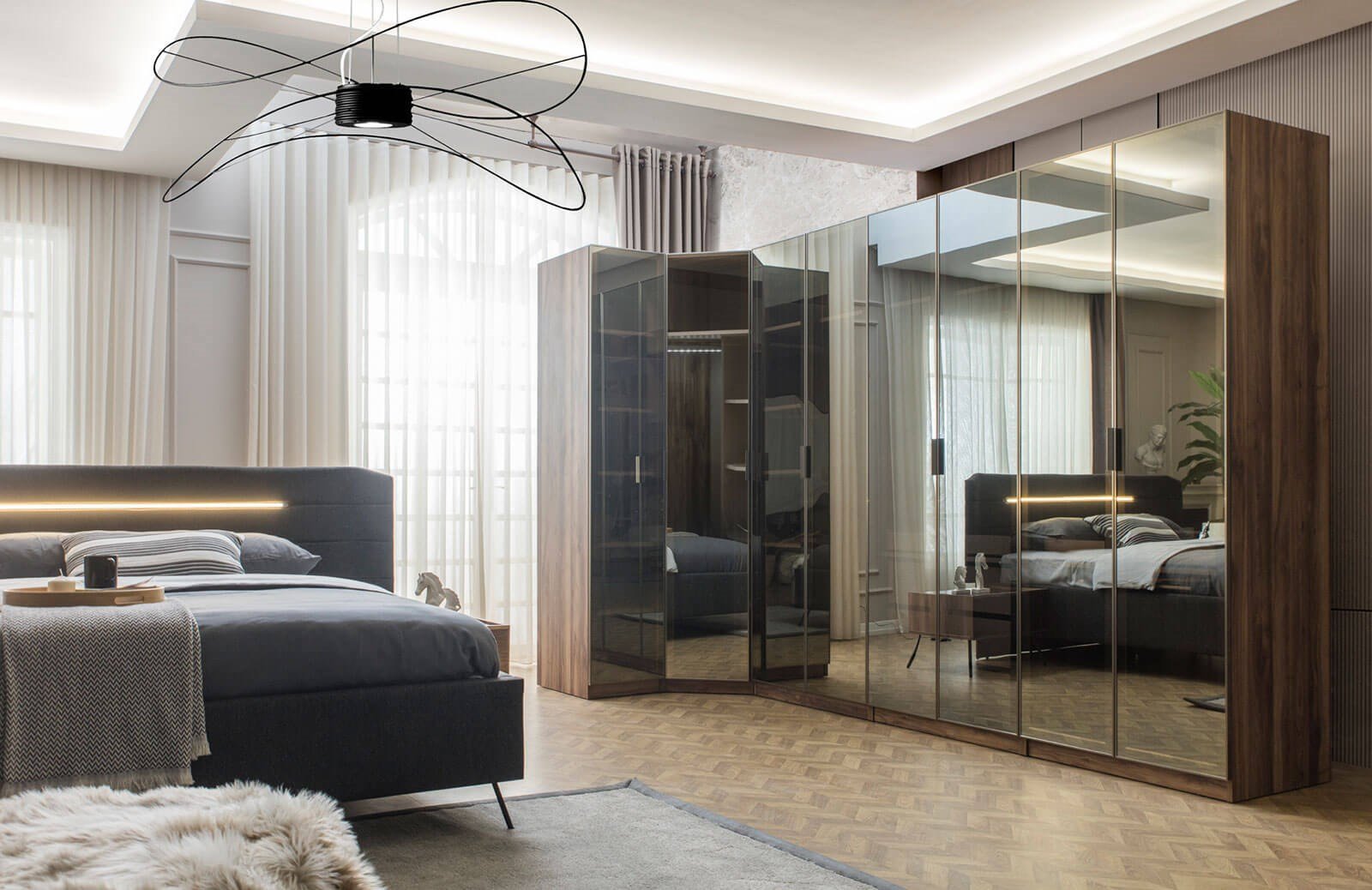 Daisi Köşe Dolap Takımı Ceviz Yatak Odası