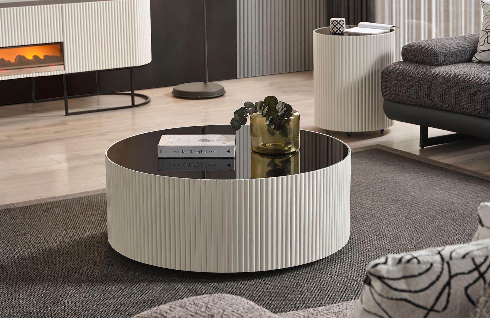 Morten Orta + Yan Sehpa Takım Ekru-Siyah Sehpa ve Aksesuar