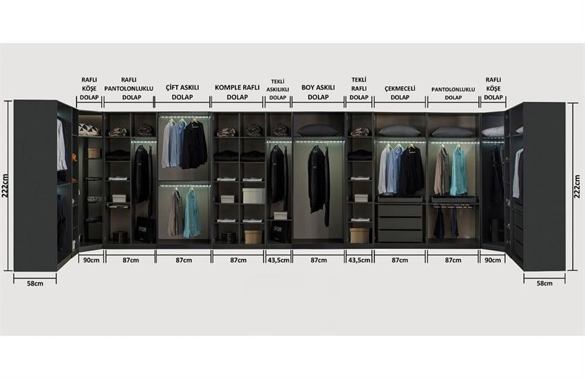 Daisi Köşe Dolap Takımı Antrasit Yatak Odası