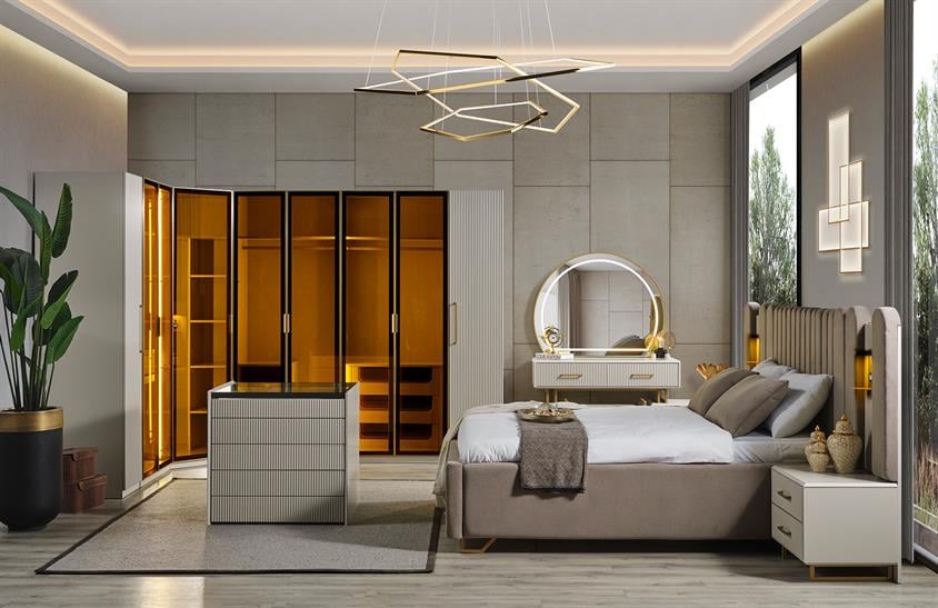 Ashwini Yatak Odası Takımı Köşe Dolaplı Gold Giyinme Odası