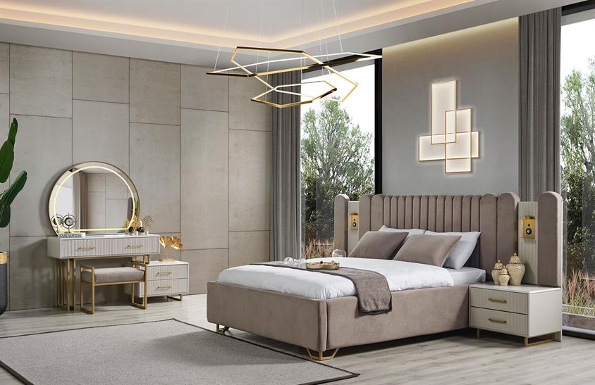 Ashwini Yatak Odası Takımı Köşe Dolaplı Gold Giyinme Odası