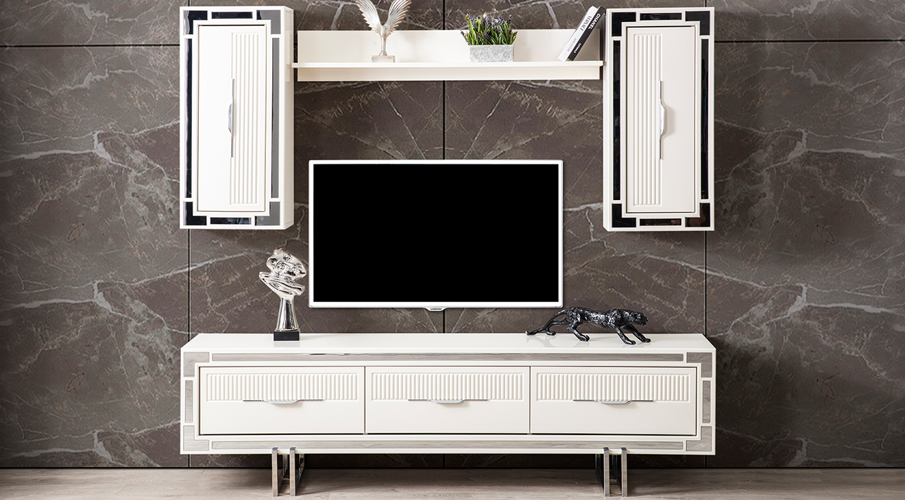 Aspendos Gümüş Metal Ayaklı Tv Üntesi TV Ünitesi