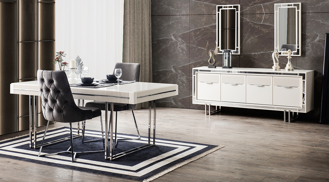 Aspendos Gümüş Metal Ayaklı Yemek Odası Takımı Yemek Odası