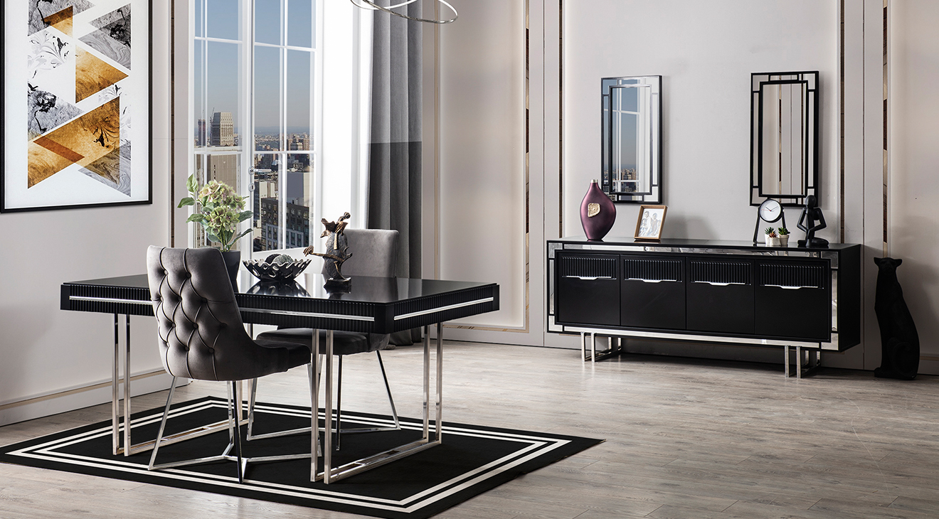 Sedef Metal Ayaklı Yemek Odası Takımı (Siyah) Yemek Odası