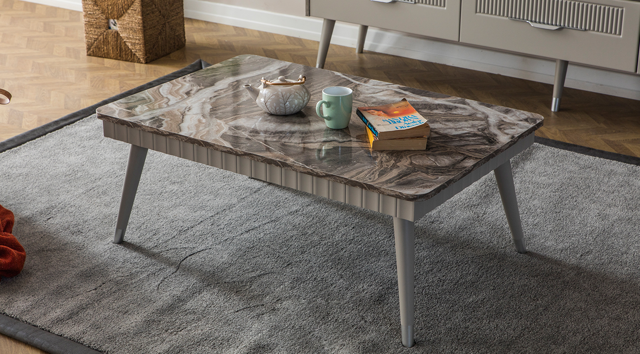 Tesla Mermer Desenli Ahşap Ayaklı Orta Sehpa Orta Sehpa