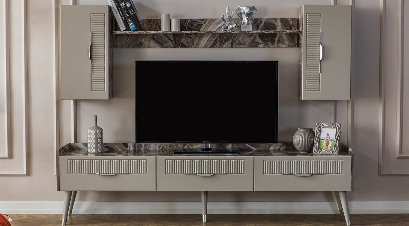 Tesla Mermer Desenli Ahşap Ayaklı Tv Ünitesi TV Ünitesi