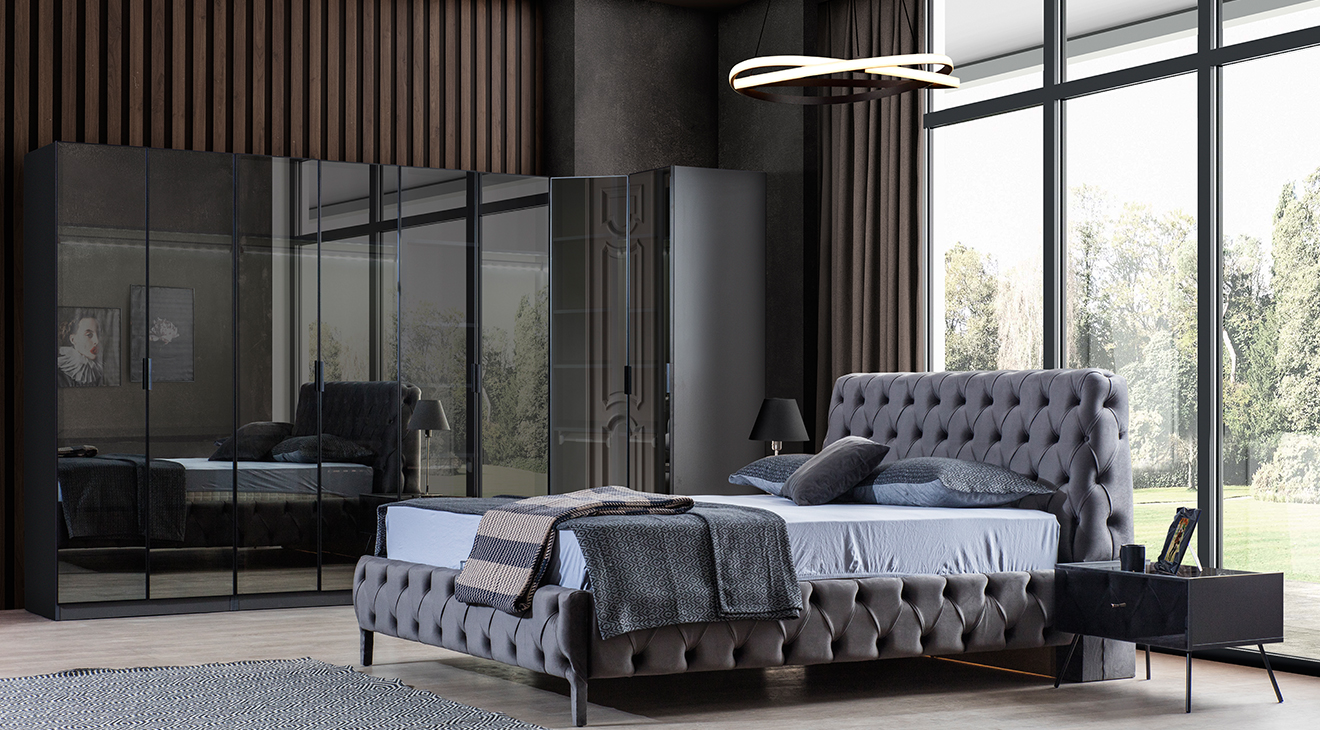 Bronze Antrasit Köşe Dolaplı Yatak Odası Takımı Giyinme Odası