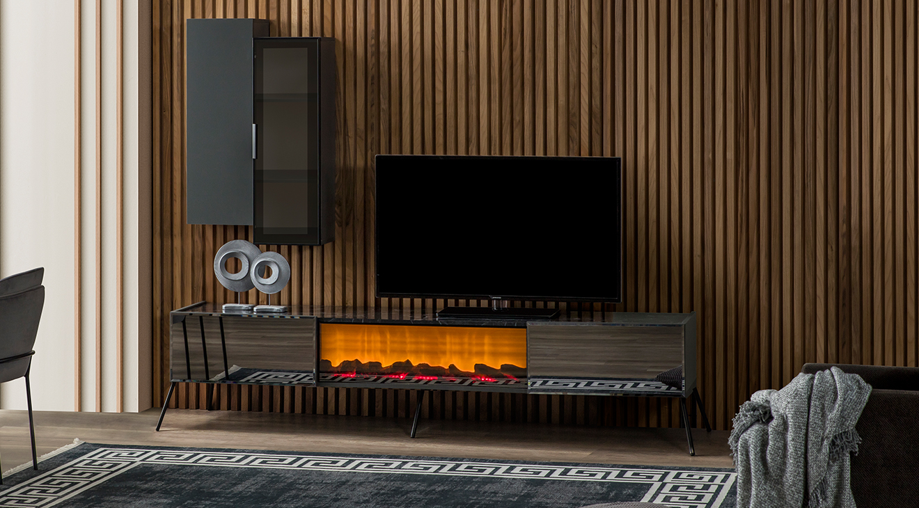 Bronze Antrasit Şömineli Tv Ünitesi TV Ünitesi