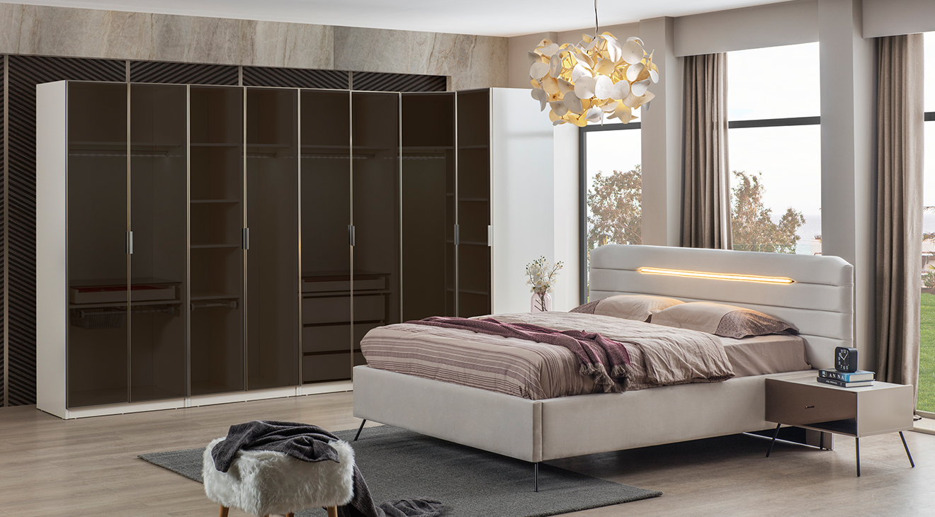 Bronze Aytaşı Köşe Dolaplı Yatak Odası Takımı Giyinme Odası