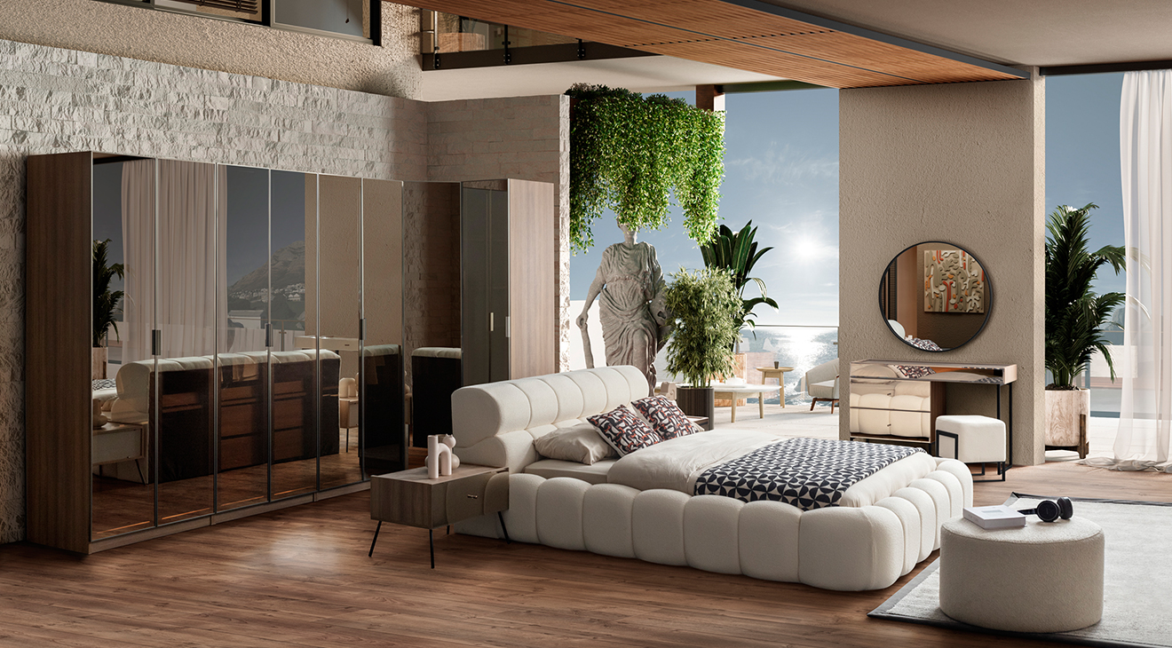 Bronze Ceviz Köşe Dolaplı Yatak Odası Takımı Köşe Dolap