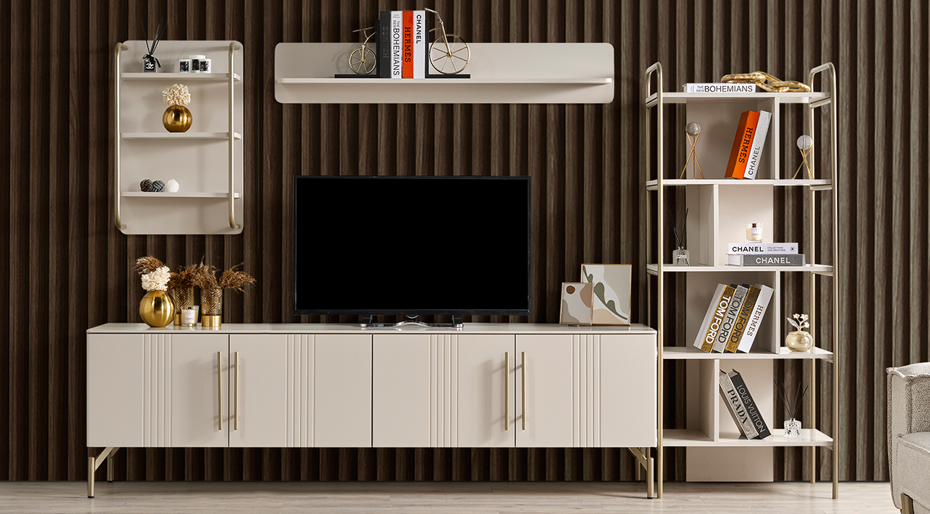 Eva Gold Metal Ayaklı Kitaplıklı Tv Ünitesi TV Ünitesi