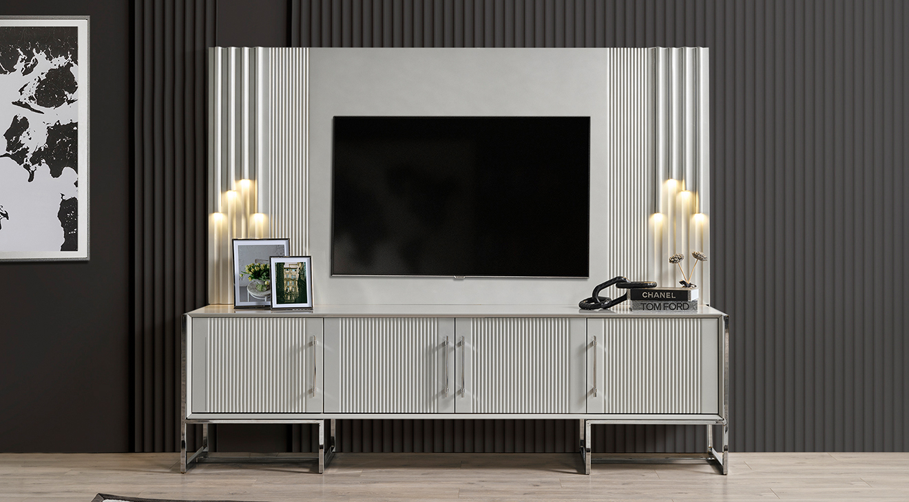 Pırlanta Gümüş Metal Ayaklı Tv Ünitesi TV Ünitesi