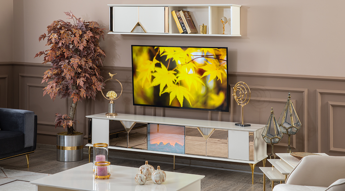 Kontes Şömineli Gold Metal Ayaklı Tv Ünitesi TV Ünitesi