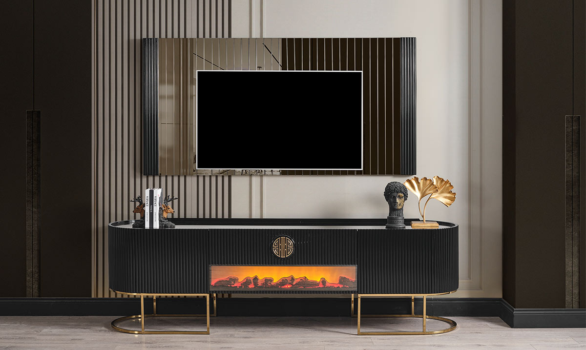 Gucci Şömineli Gold Metal Ayaklı Tv Ünitesi TV Ünitesi