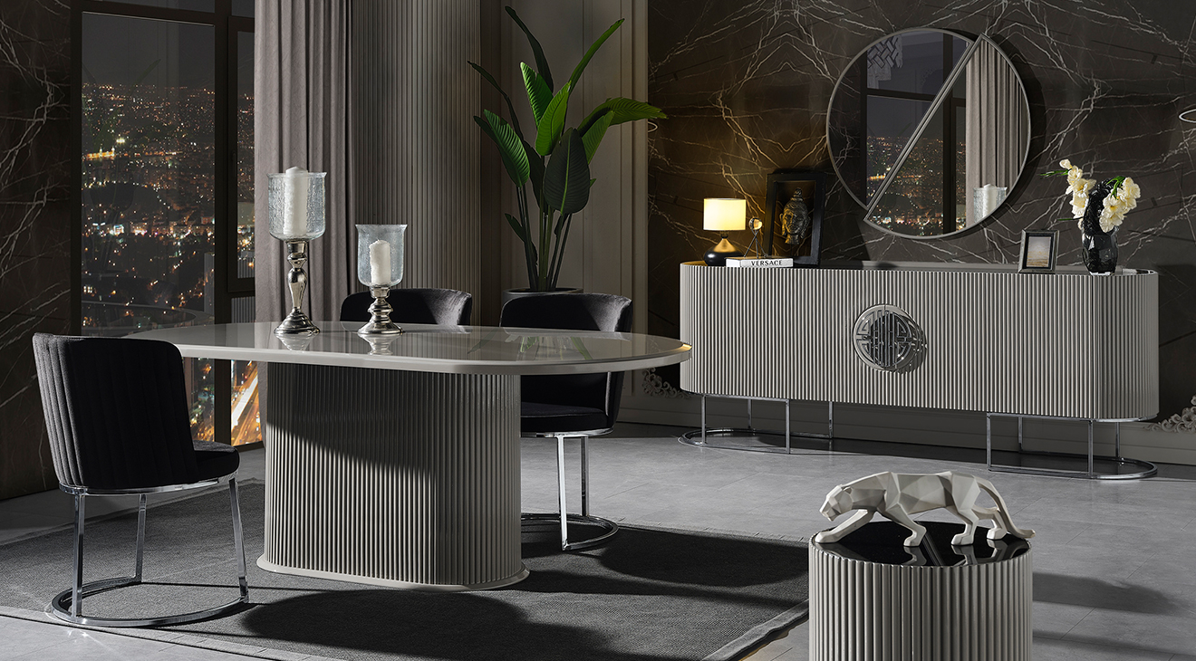 Gucci Duman Grisi Metal Ayaklı Yemek Odası Takımı 2 Yemek Odası