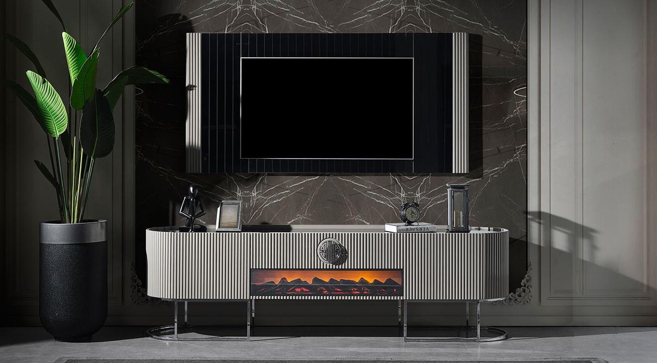 Gucci Duman Grisi Şömineli Tv Ünitesi TV Ünitesi