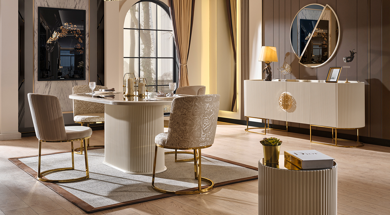 Gucci Ekru Gold Metal Ayaklı Yemek Odası Takımı Yemek Odası