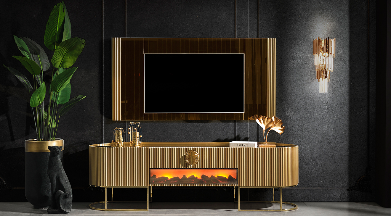 Gucci Golden Şömineli Tv Ünitesi TV Ünitesi