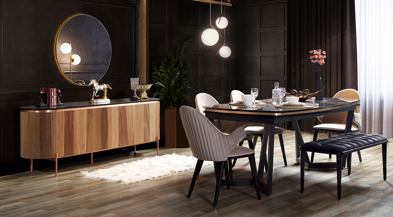 Tesla Metal Ayaklı Ceviz Yemek Odası Takımı Yemek Odası