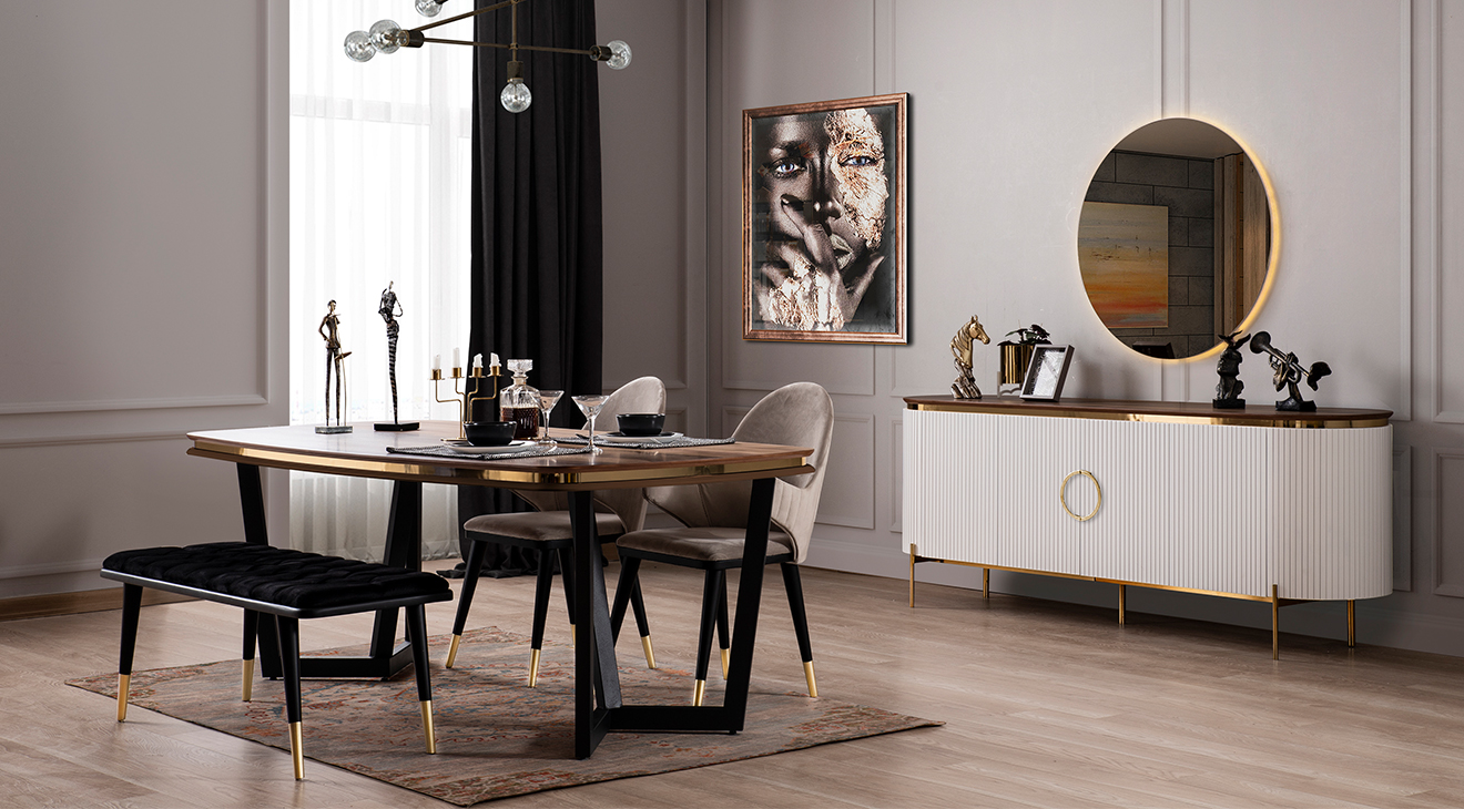 Tesla Metal Ayaklı Beyaz Yemek Odası Takımı (Gold) Yemek Odası