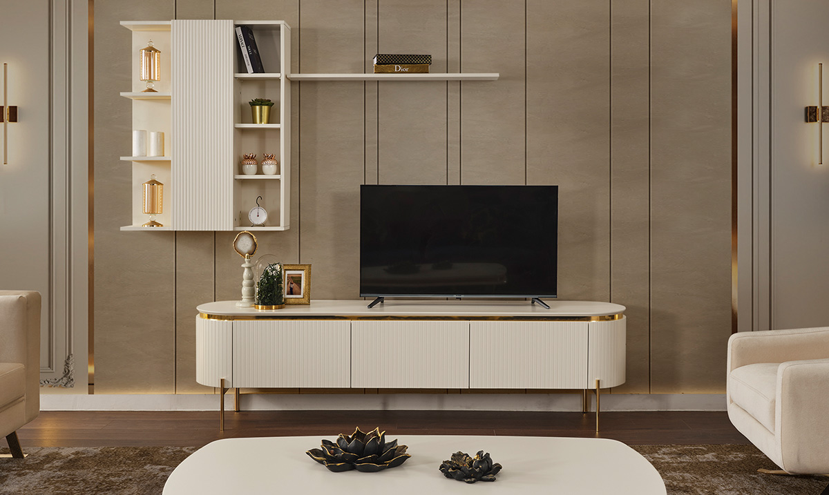 Tesla TV Ünitesi Luxury Gold Metal Ayaklı TV Ünitesi