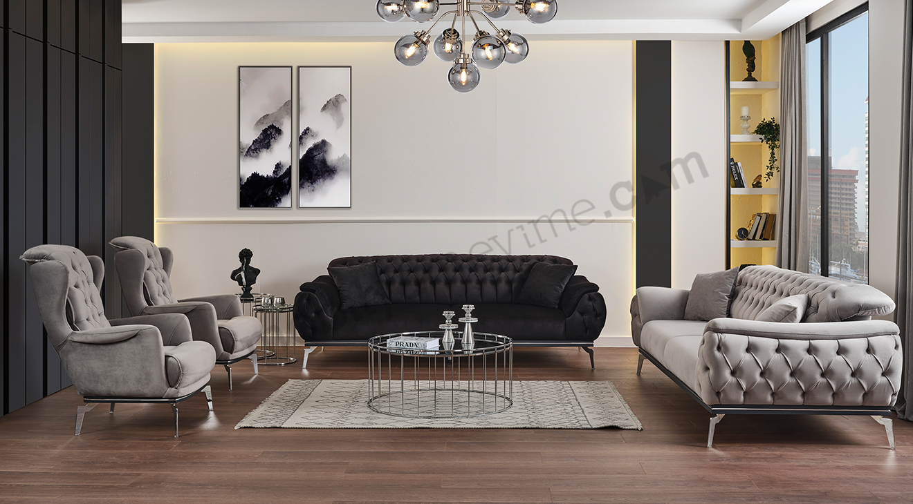 Swiss Yataklı Gümüş Metal Ayaklı Chester Koltuk Takımı Yataklı Koltuk Takımları