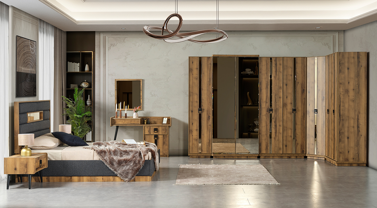 Mira Ceviz Köşe Dolaplı Yatak Odası Takımı Köşe Dolap