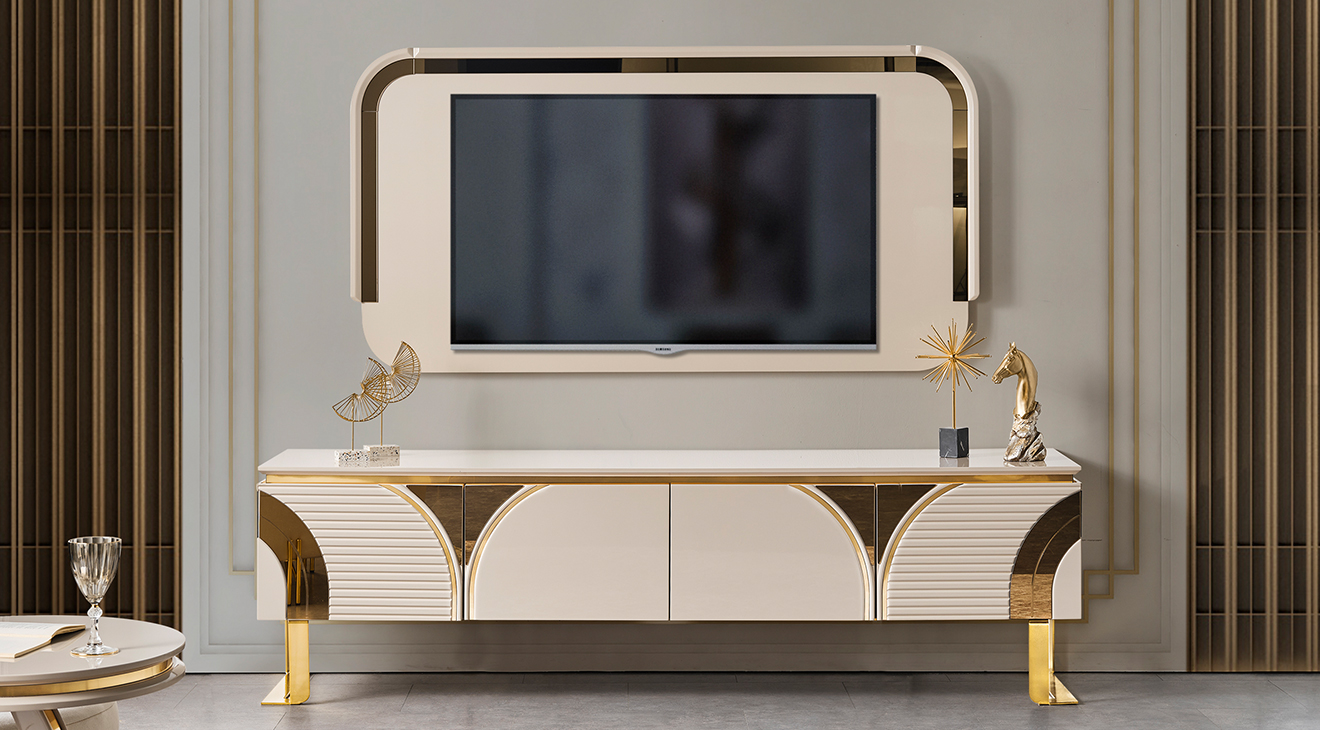 İmaj Panolu Gold Metal Ayaklı Tv Ünitesi TV Ünitesi