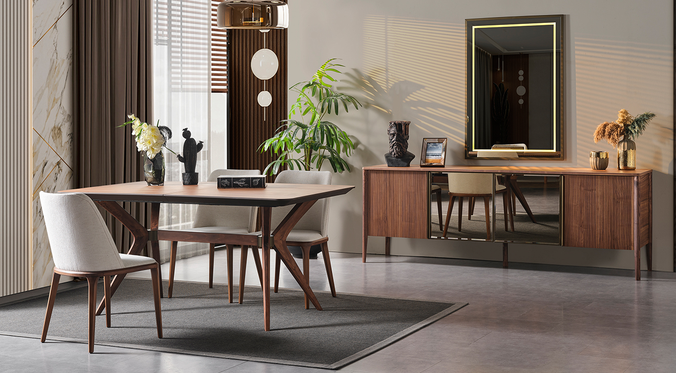 Antik Aynalı Ahşap Ayaklı Yemek Odası Takımı Yemek Odası