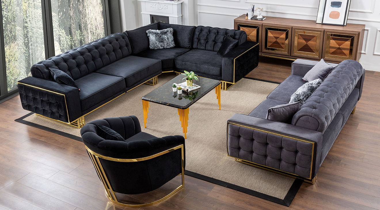 İspanya Gold Metal Ayaklı Kanepeli Köşe Koltuk Takımı Köşe Koltuk