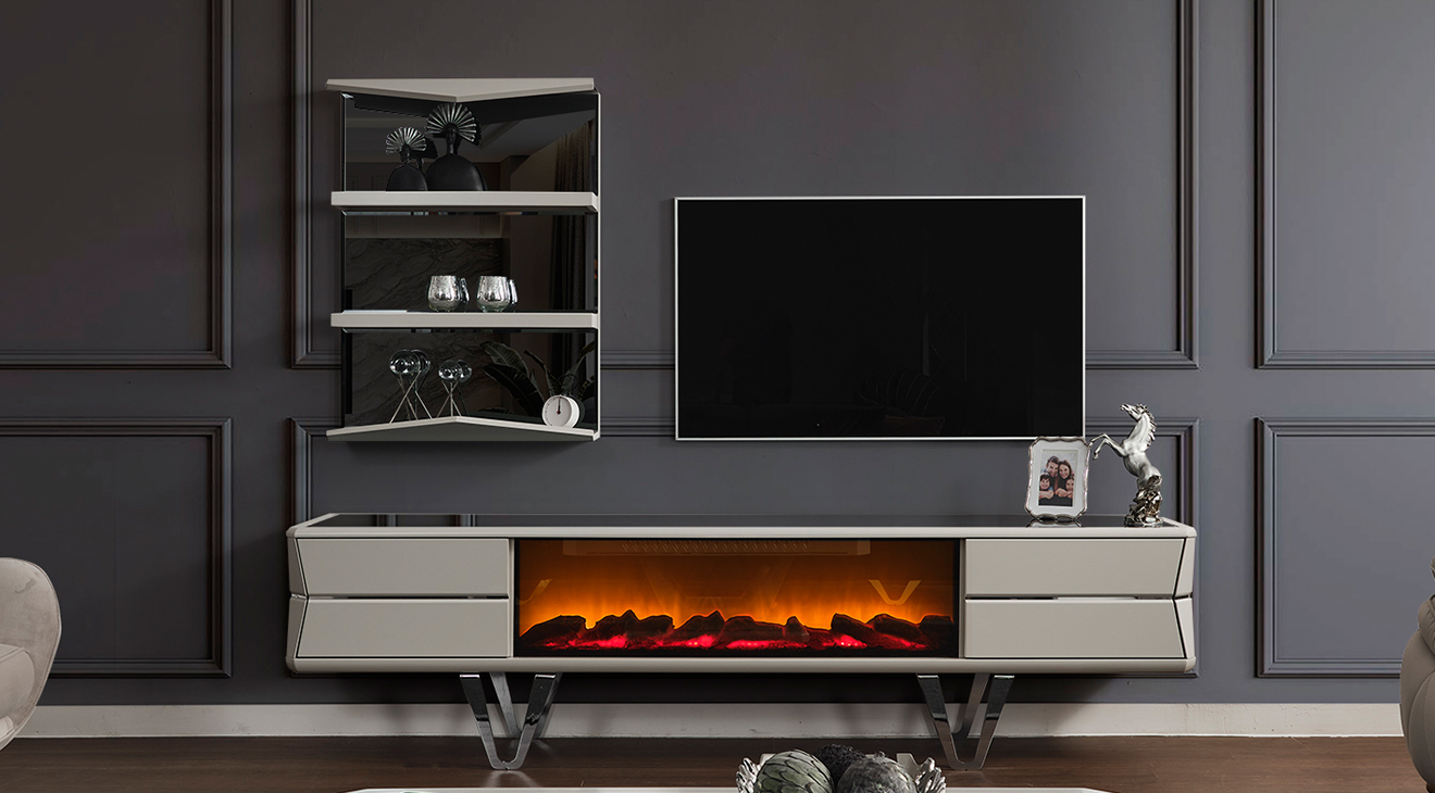 Velar Şömineli Metal Ayaklı Tv Ünitesi TV Ünitesi