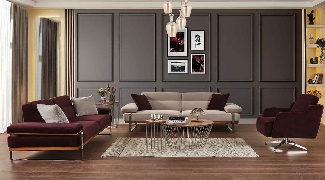 Lavina Yataklı Gümüş Metal Ayaklı Koltuk Takımı 2 Yataklı Koltuk Takımları