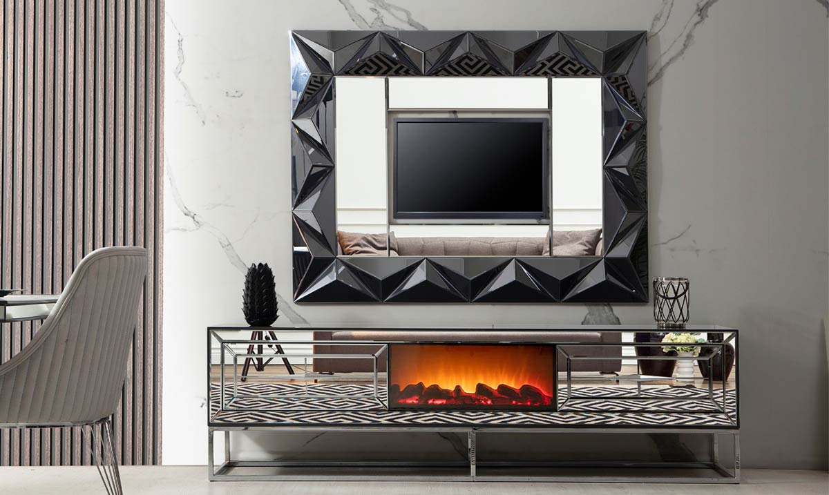 Jaguar Şömineli Aynalı Metal Ayaklı Tv Ünitesi TV Ünitesi