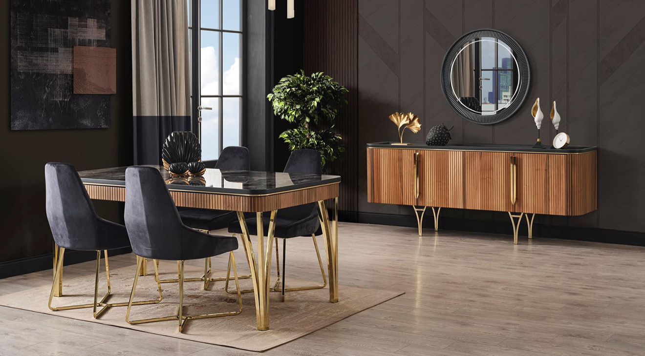 Gemma Ceviz Metal Ayaklı Yemek Odası Takımı Yemek Odası