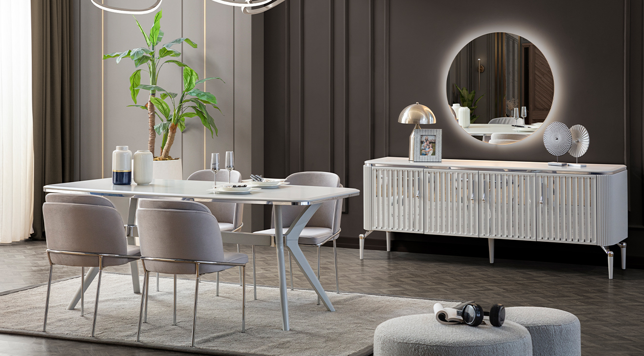 Biance Gümüş Metal Ayaklı Yemek Odası Takımı Yemek Odası