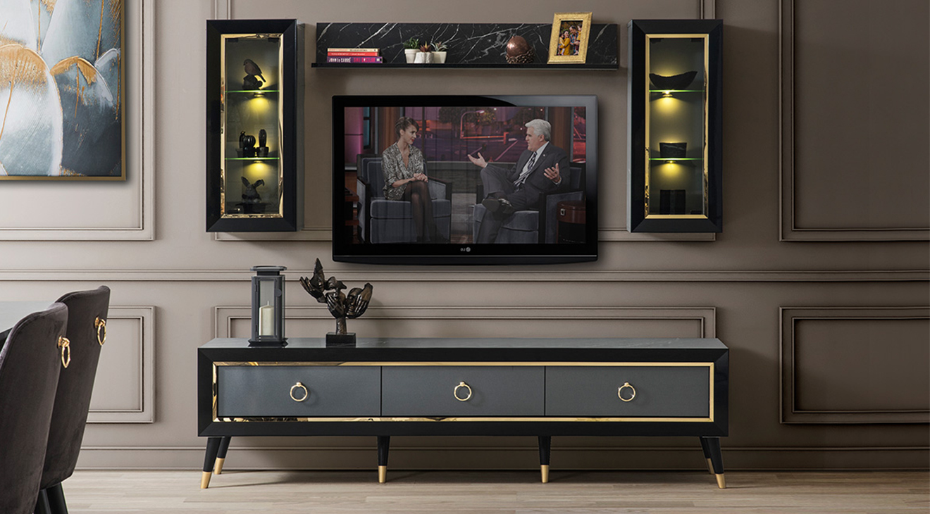Asil Siyah Mermer Desenli Tv Ünitesi TV Ünitesi