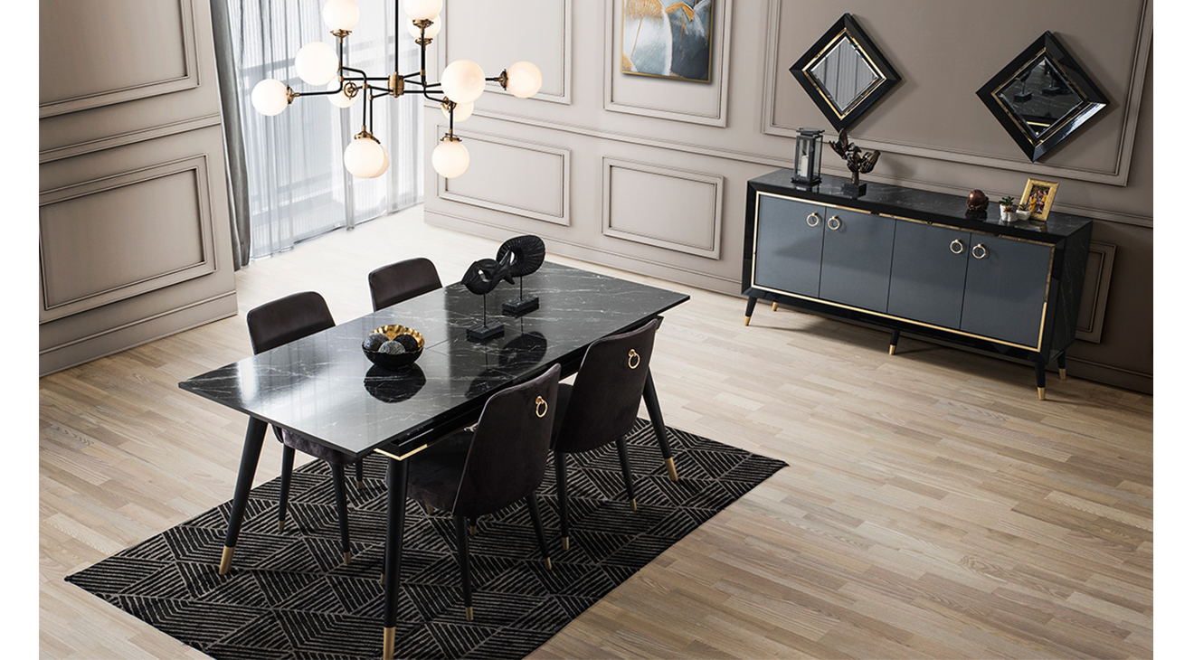 Asil Siyah Mermer Desenli Yemek Odası Takımı Yemek Odası
