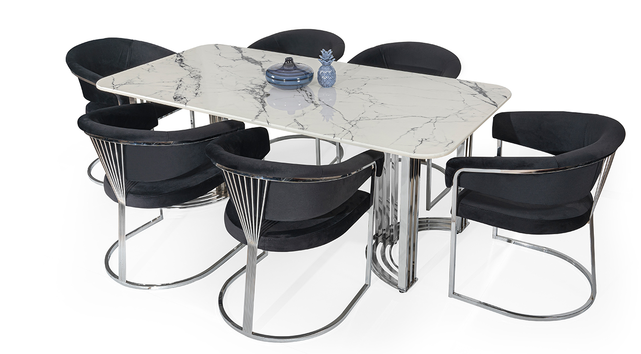 Olivia Gümüş Metal Ayaklı Masa Masa Sandalye