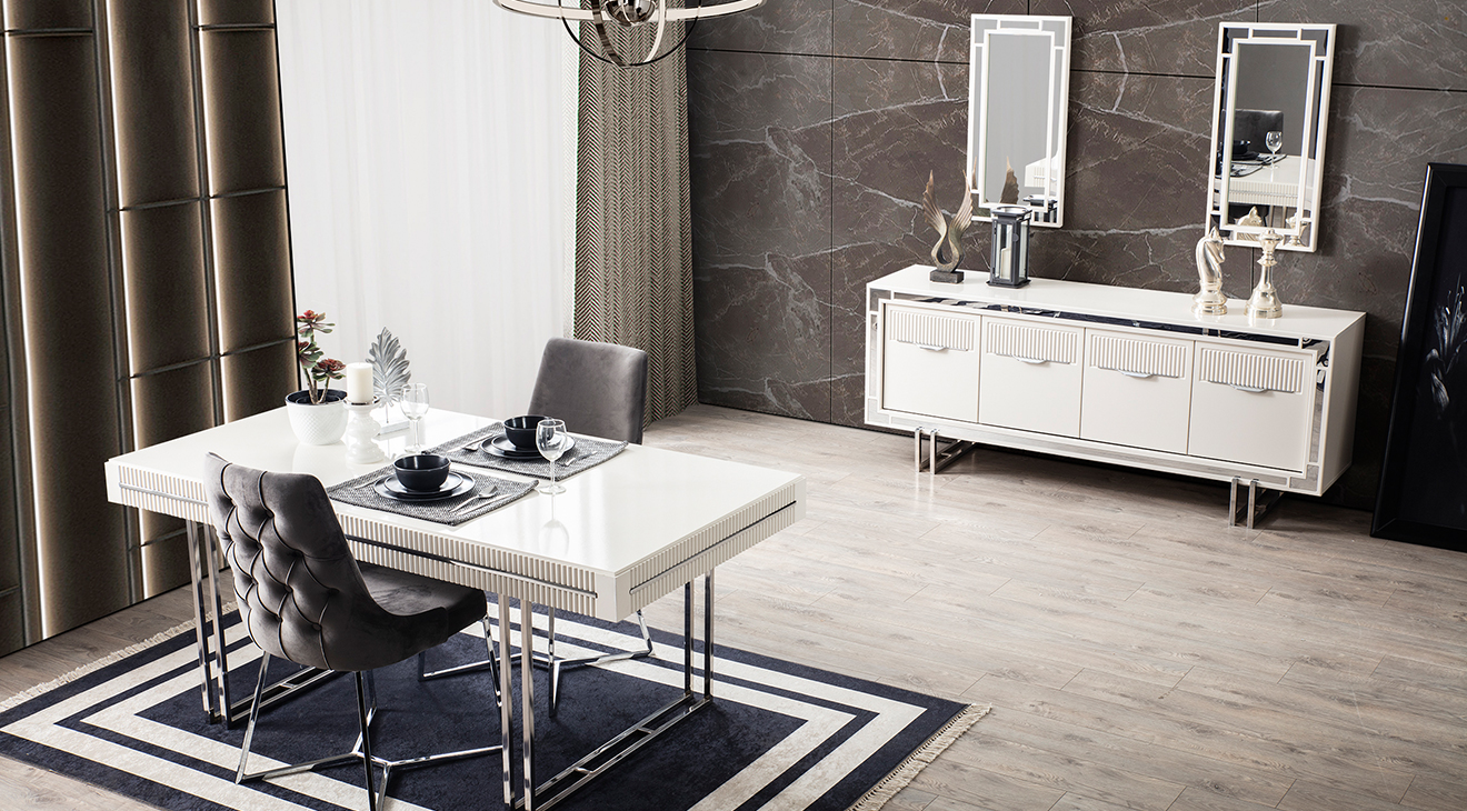 Aspendos Gümüş Metal Ayaklı Yemek Odası Takımı Yemek Odası