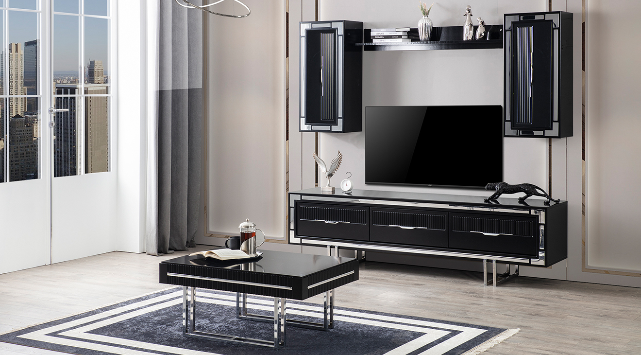 Sedef Metal Ayaklı Tv Ünitesi (Siyah) TV Ünitesi