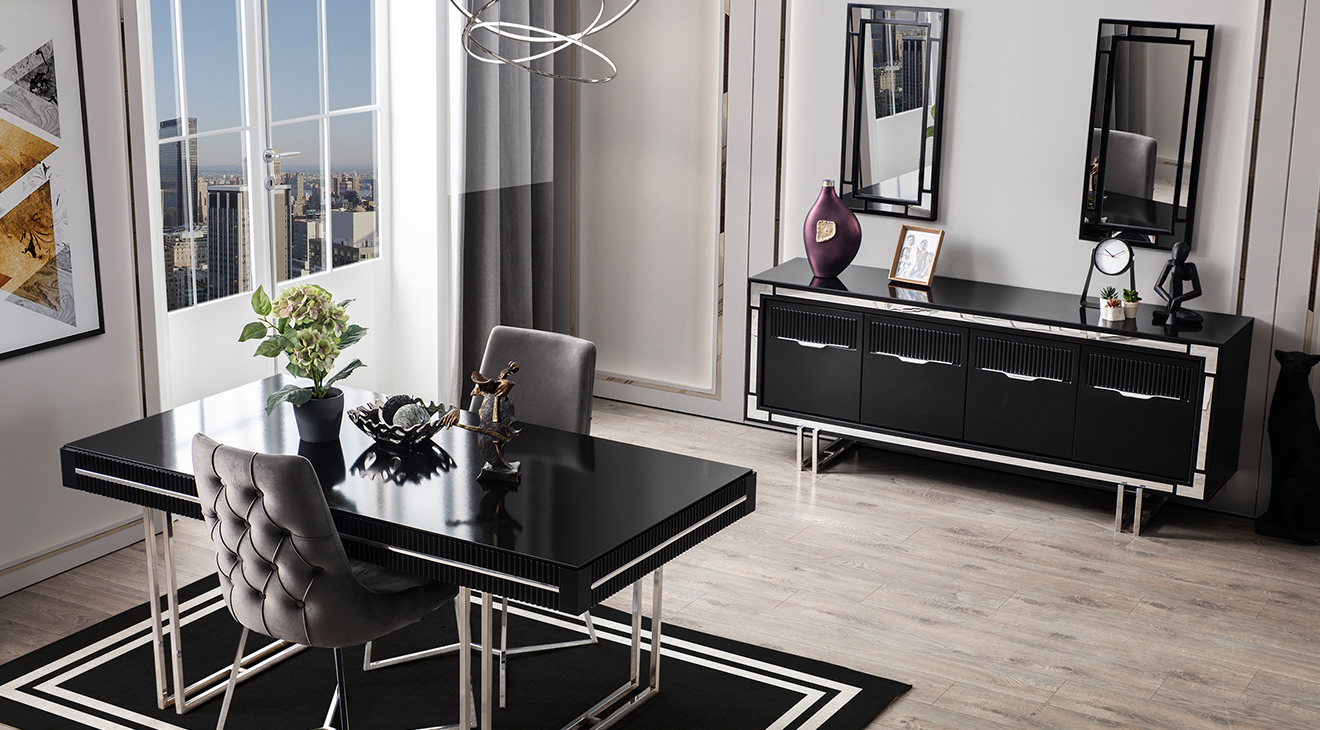 Sedef Metal Ayaklı Yemek Odası Takımı (Siyah) Yemek Odası