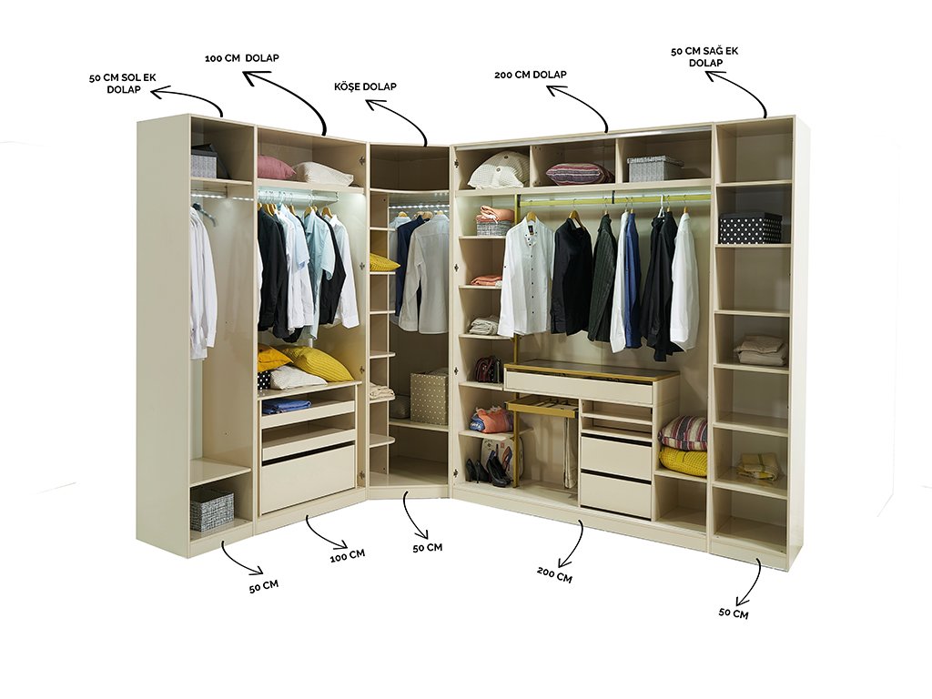 Kapadokya Köşe Dolaplı Yatak Odası Takımı Giyinme Odası