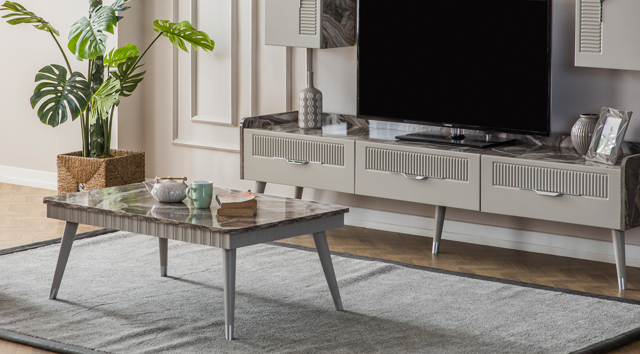 Tesla Mermer Desenli Ahşap Ayaklı Orta Sehpa Orta Sehpa