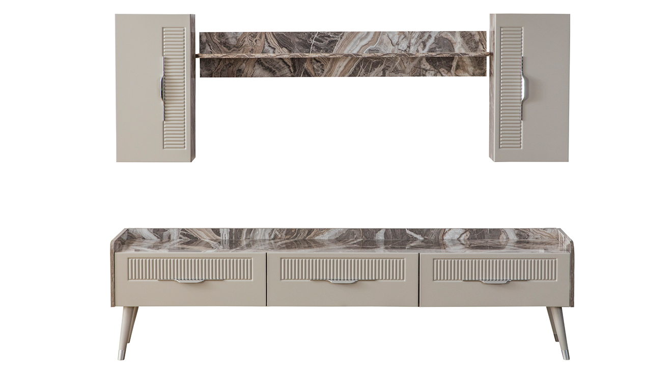 Tesla Mermer Desenli Ahşap Ayaklı Tv Ünitesi TV Ünitesi