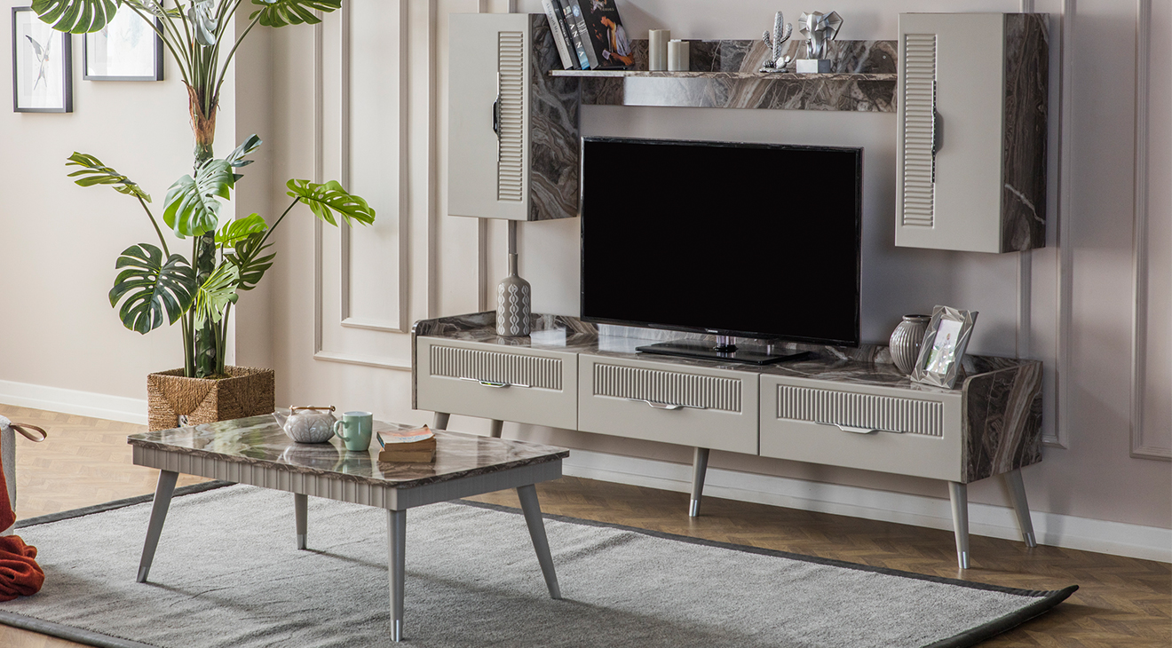 Tesla Mermer Desenli Ahşap Ayaklı Tv Ünitesi TV Ünitesi